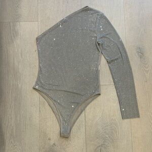 Zara Sparkling Silver Rhinestone One-Shoulder Bodysuit